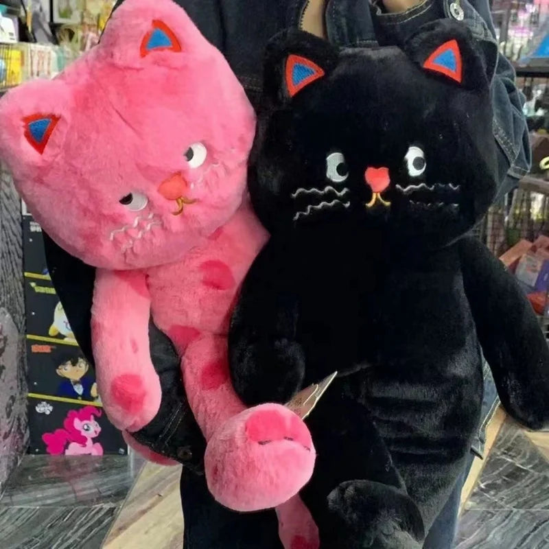 Unique Pink Polka Dot Cat Plush Toy | Soft Black Kitten Cushion