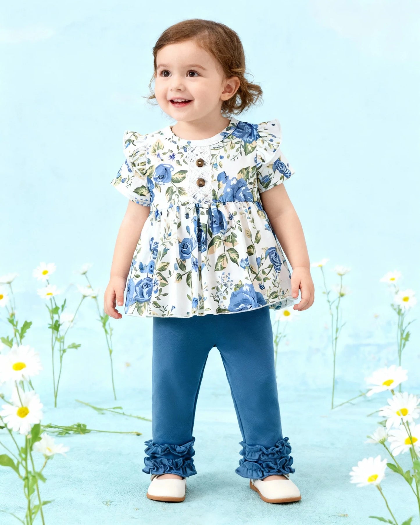 Baby Girl Floral Ruffle Top & Lace Trim Pants Set | Cute 2pc Outfit