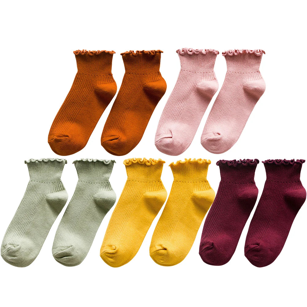 5 Pairs Women's Ruffled Ankle Socks | Stylish and Breathable