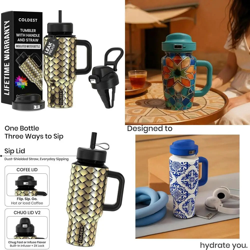 Stainless Steel Insulated Tumbler with Handle & 3 Leakproof Lids
