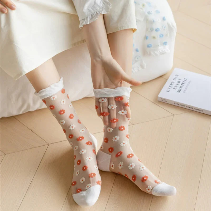 Floral Print Women's Socks | Thin Transparent Summer Socks