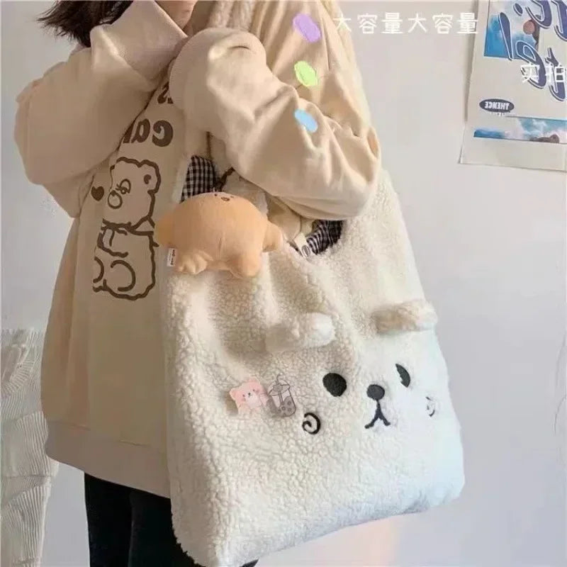 Winter Soft Plush Tote Bag for Women | Stylish Cartoon Embroidery