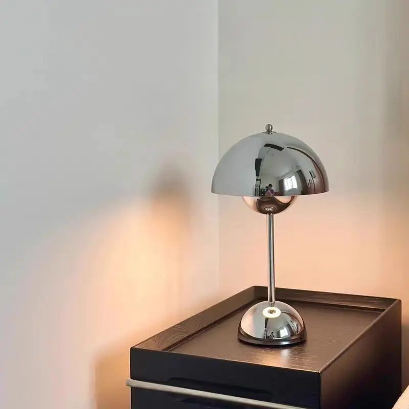 Retro Danish Chrome Flower Bud Table Lamp | Touch Control & USB Rechargeable