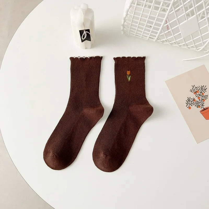 Women's Autumn Floral Embroidery Crew Socks | Cute Kawaii Style