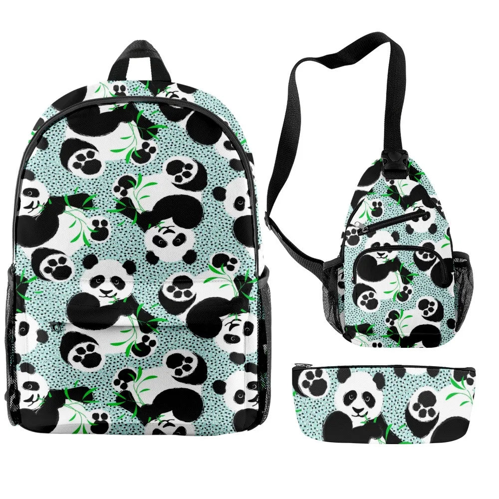3-Piece Cartoon Panda School Backpack Set for Students