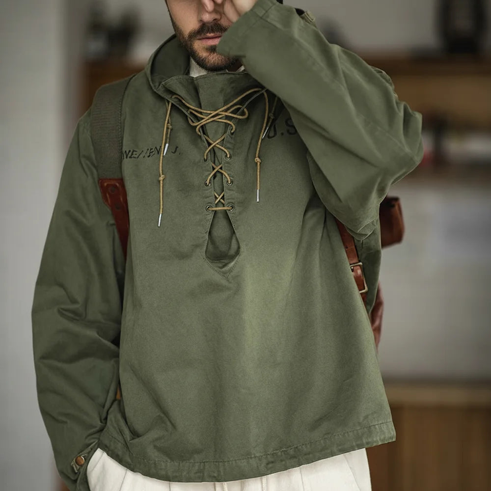 Men's Retro Green Hooded Sweatshirt | Stylish Adjustable Windbreaker