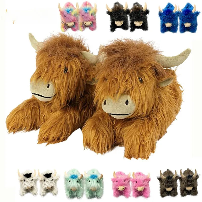 Winter Highland Cow Plush Slippers | Cute Fluffy Animal Slides
