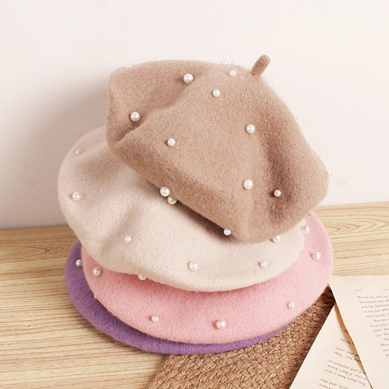 Wool Kids Winter Hat | Stylish Baby Beret with Pearl Detailing