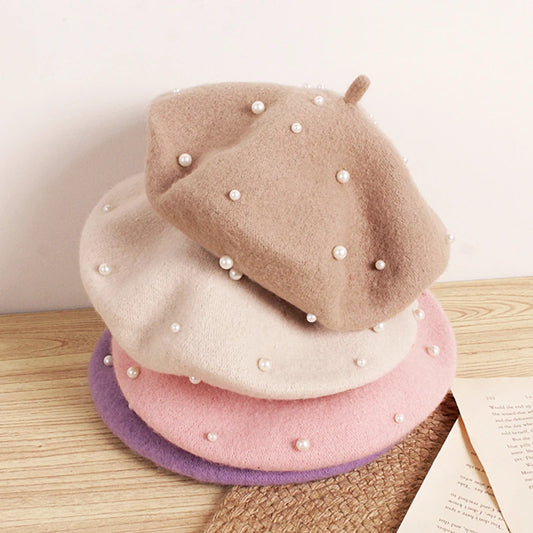 Wool Kids Winter Hat | Stylish Baby Beret with Pearl Detailing