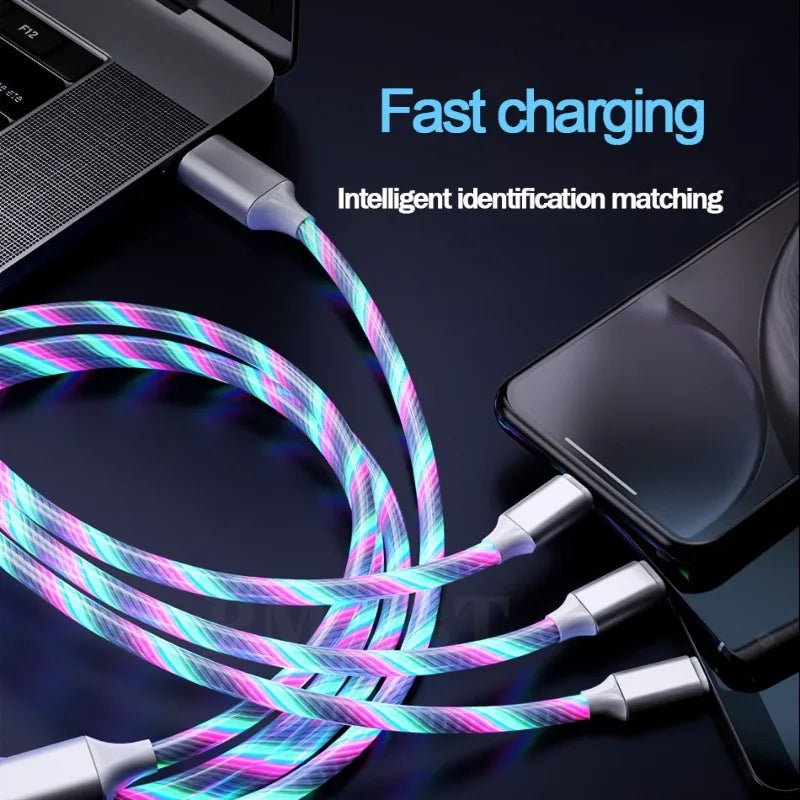 Light Emitting Cable, Mobile Phone Charging Cable, Fast Charging Data Cable, Light Emitting, Suitable for iPhone Micro USB Type C Charger Cable, Three in One LED Fast Charging Cable