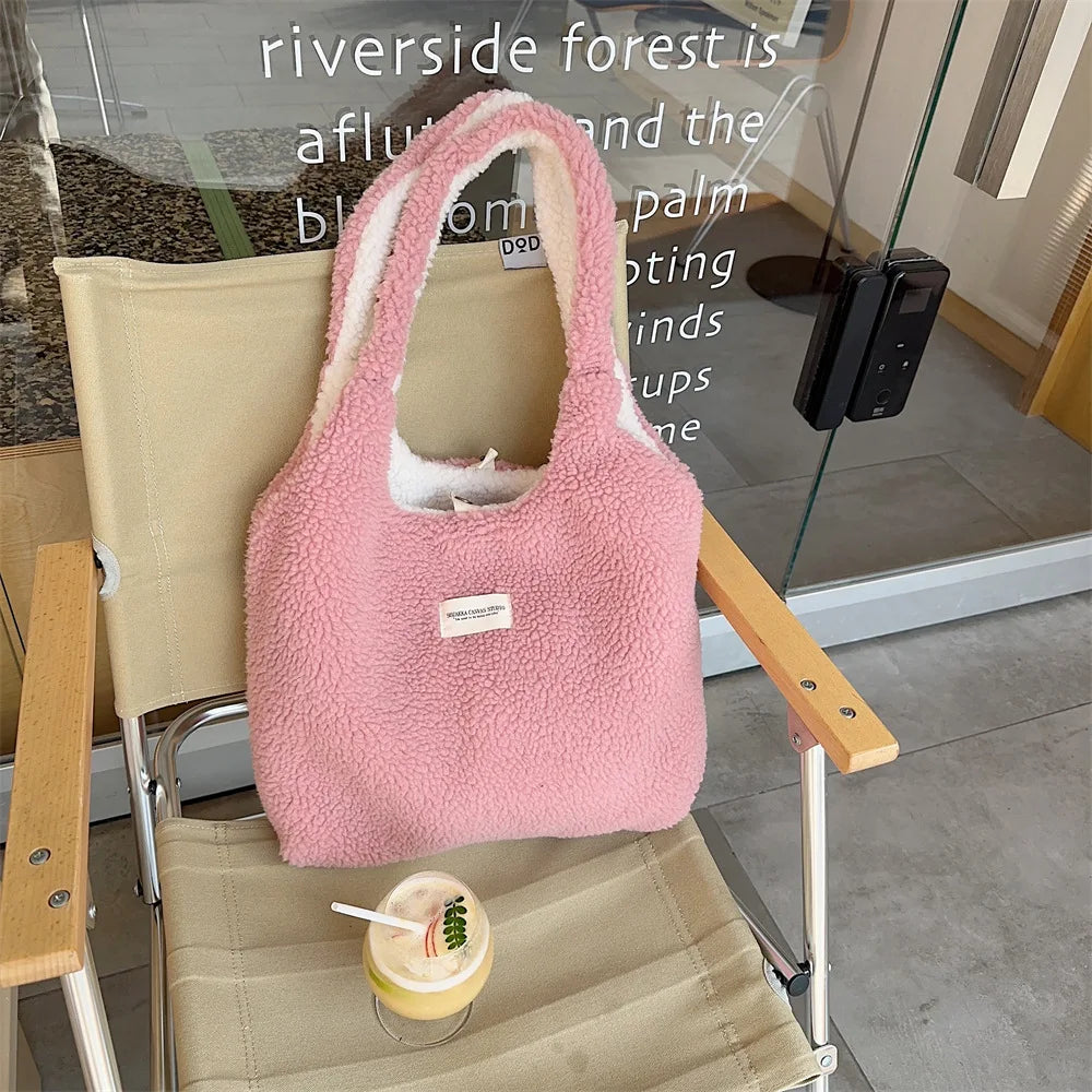 Reversible Plush Shoulder Bag for Women | Warm Fabric Tote