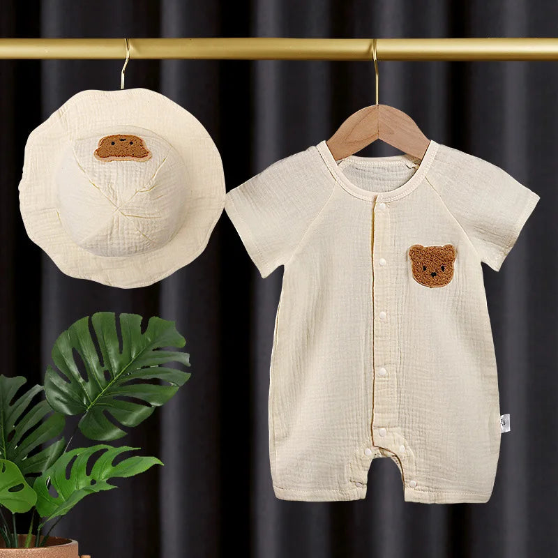 Cute Bear Muslin Baby Romper Hat Set | Ideal for Summer Comfort