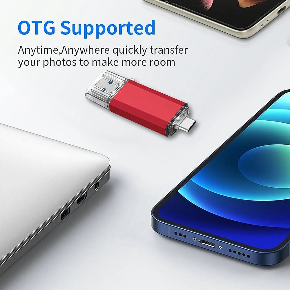 Red USB flash drive with OTG support feature displayed on a white background with smartphone and laptop.