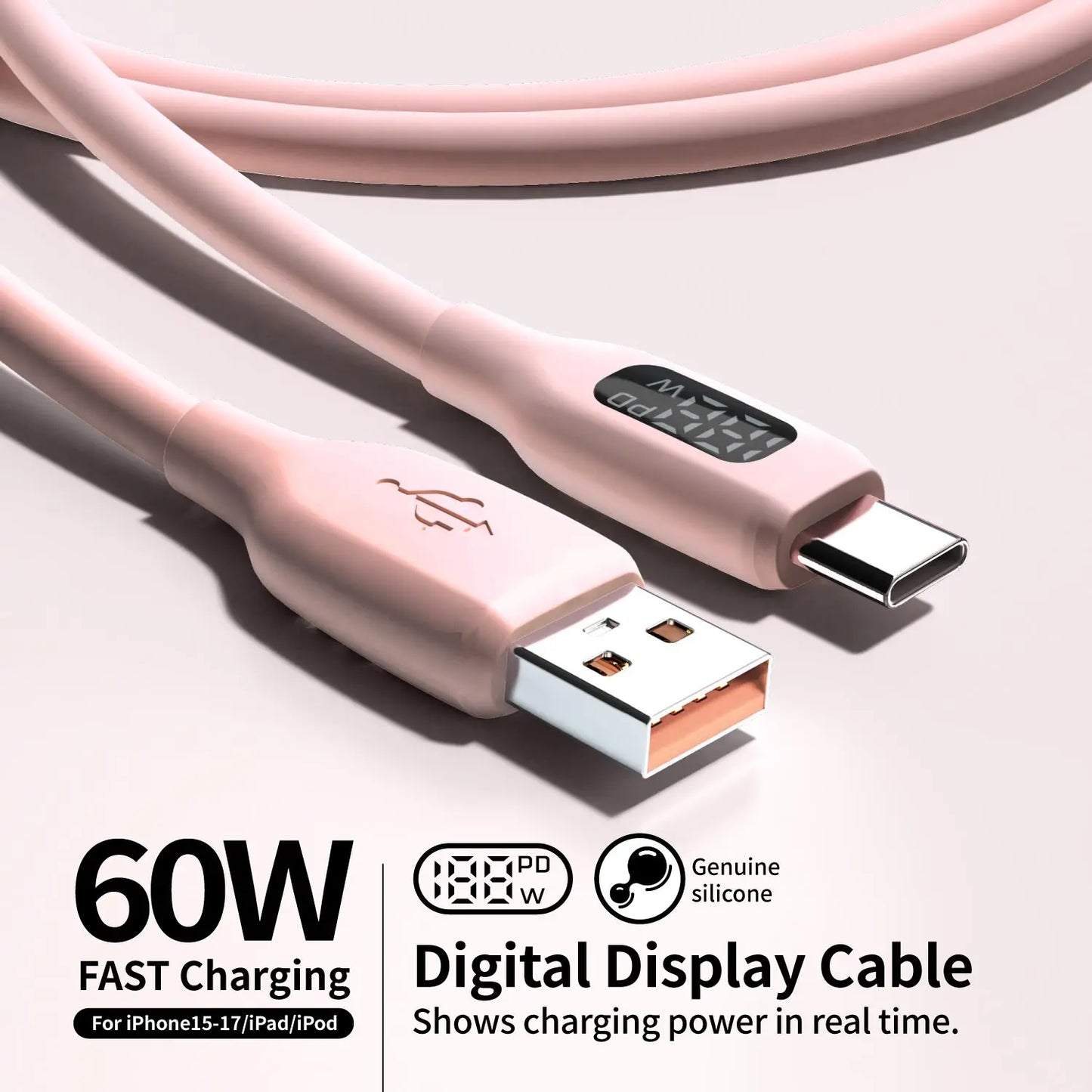 60W USB-A to USB-C Fast Charging Cable | Flexible Silicone Charger