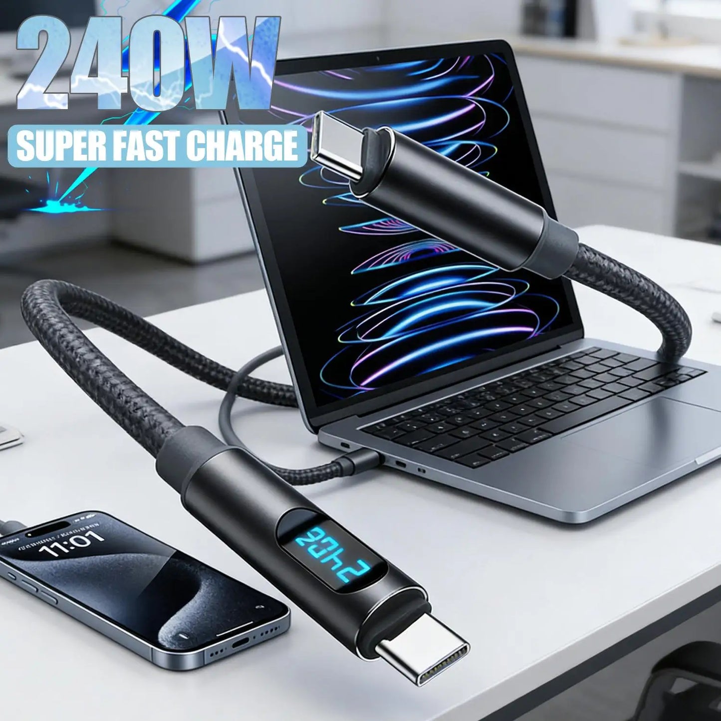 USB C To Type-C Charger Cable 240W High-speed Quick Charging LED Digital Display Data Line for IPhone 17 Samsung Xiaomi Huawei