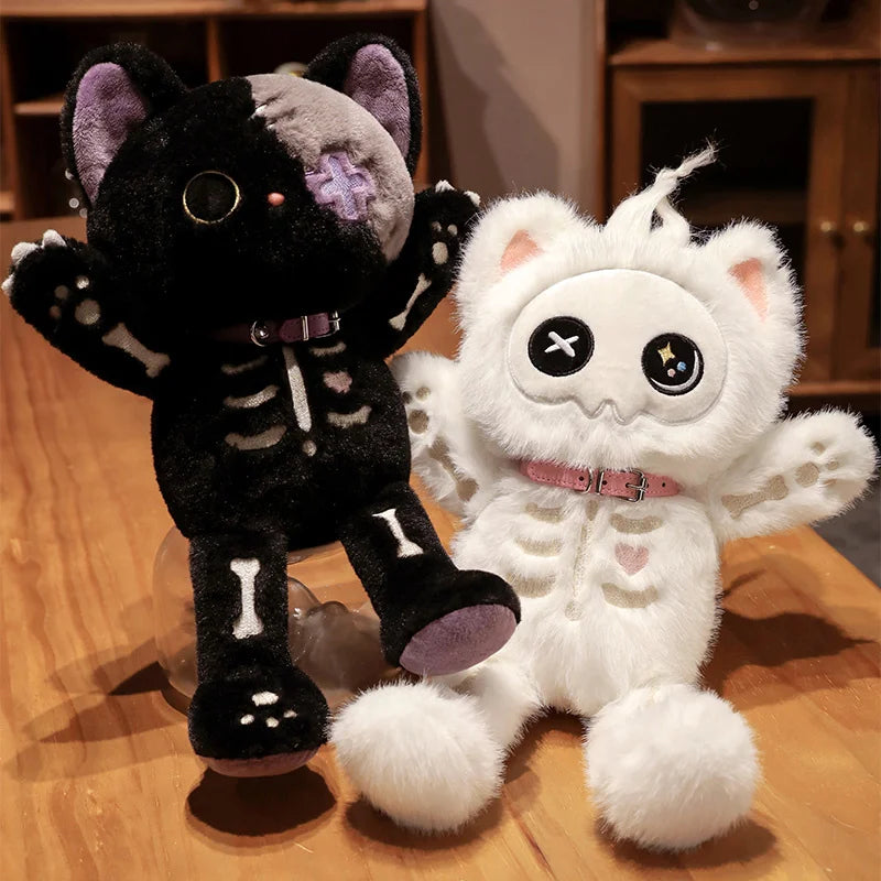 Kawaii Black Skeleton Cat Plush Toy | Fluffy Gothic Stuffed Animal
