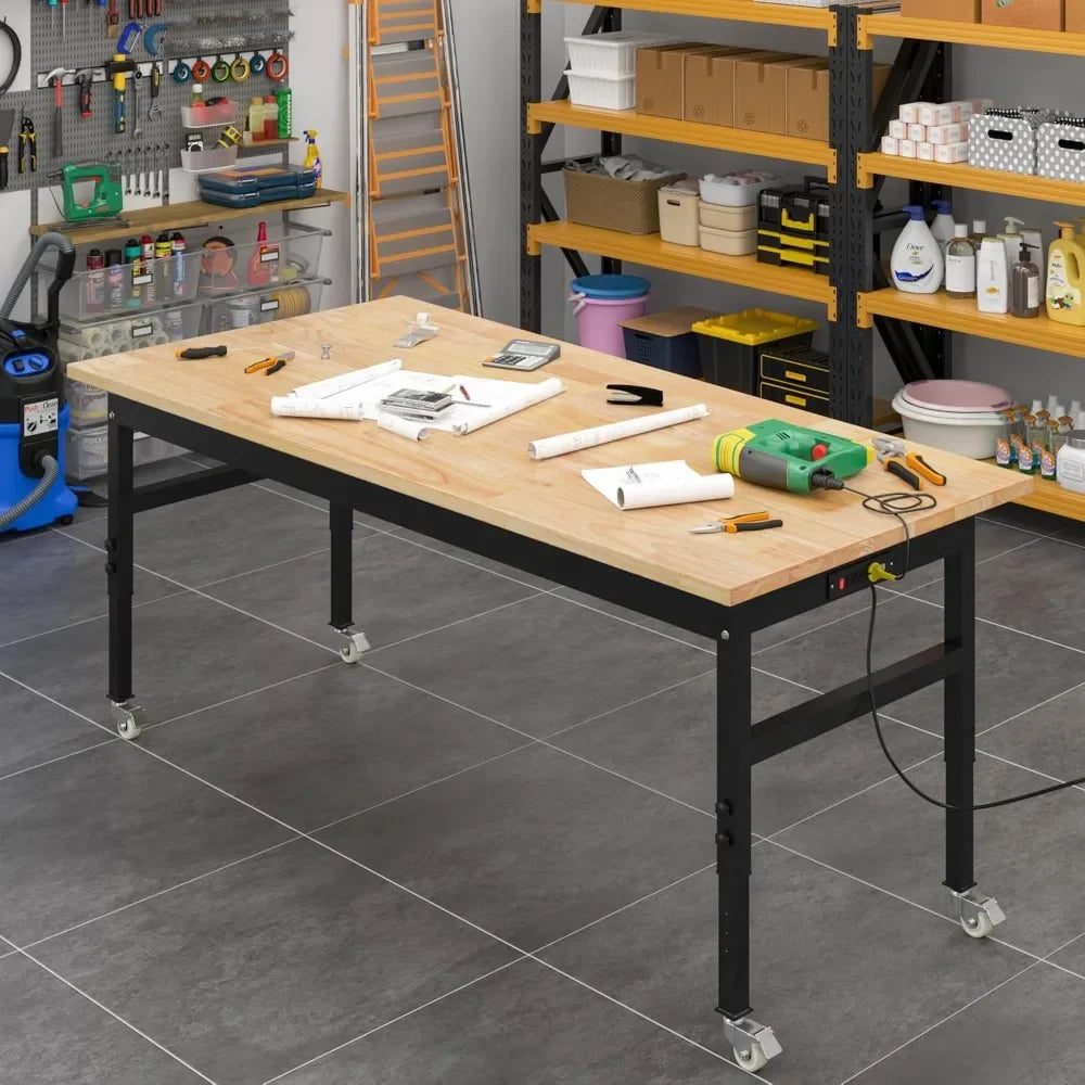 60 Inch Adjustable Workbench | Heavy Duty Work Table with Outlet