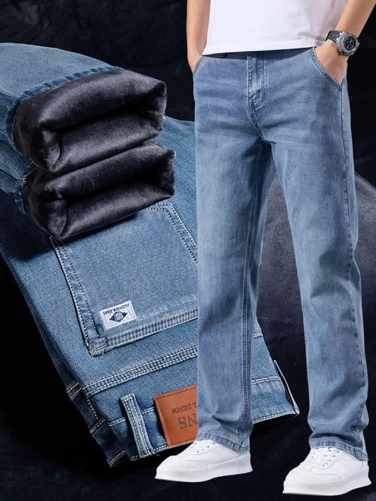 Men’s Winter Warm Fleece Lined Thick Stretchable Business Casual Jeans Lightweight Office & Daily Wear Loose Fit Trousers