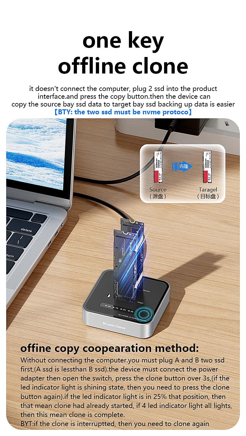 Dual-Bay M.2 NVMe SSD Cloning Dock | Fast USB 20Gbps Reader