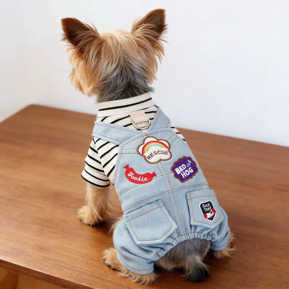 Small Dog Denim Overalls | Fun Patches Puppy Jumpsuit
