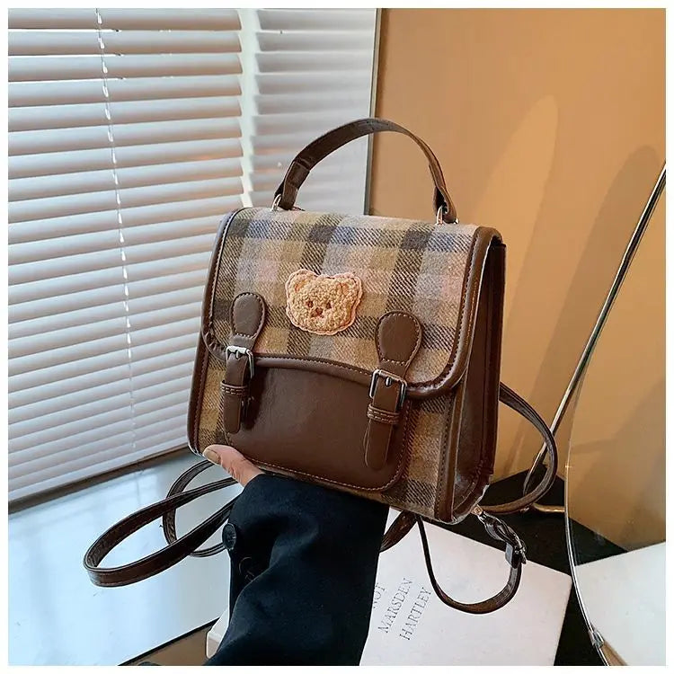 Cute Bear Backpack for Women | Vintage Plaid Student Bag