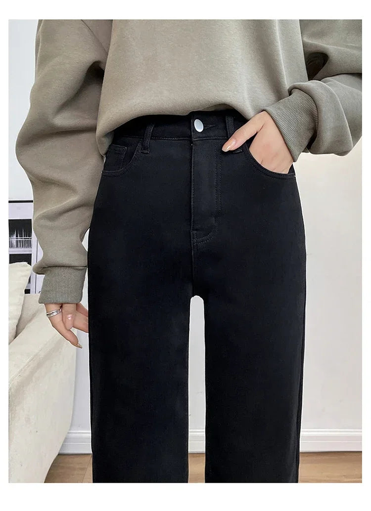 Women's Thickened Velvet Straight Jeans | Warm Fleece Pants