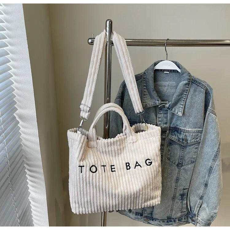 Bolso de mano de terciopelo a rayas de gran capacidad | Bolso tote elegante y versátil