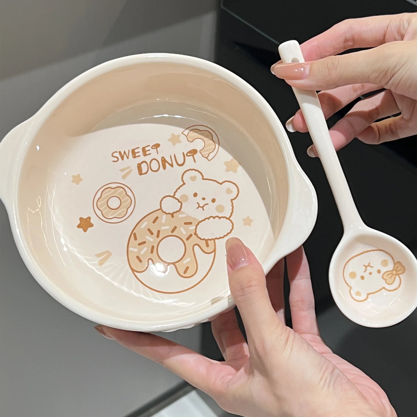 Large-Capacity Ceramic Bowl Set with Handles & Spoon for Kitchen