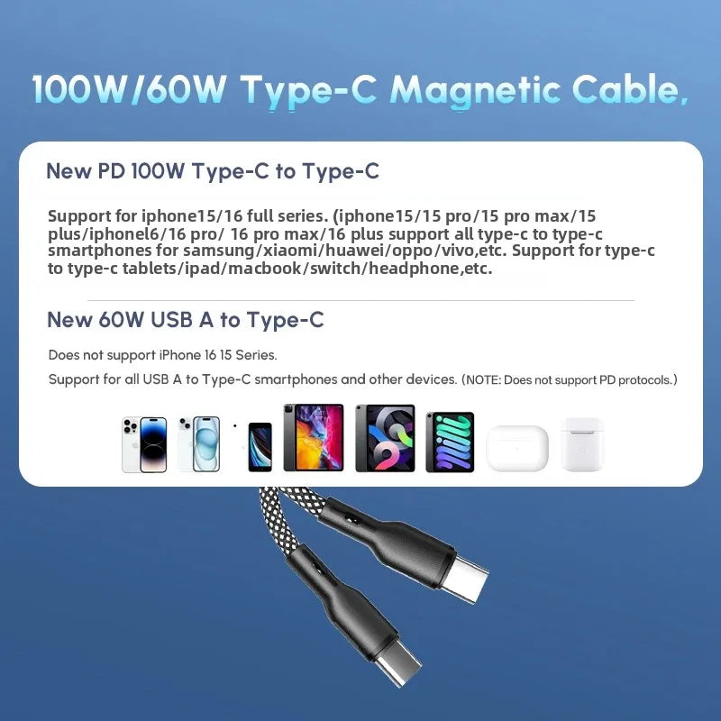 Magnetic Braided USB Type-C Car Charging Cable - 6A Data Transfer