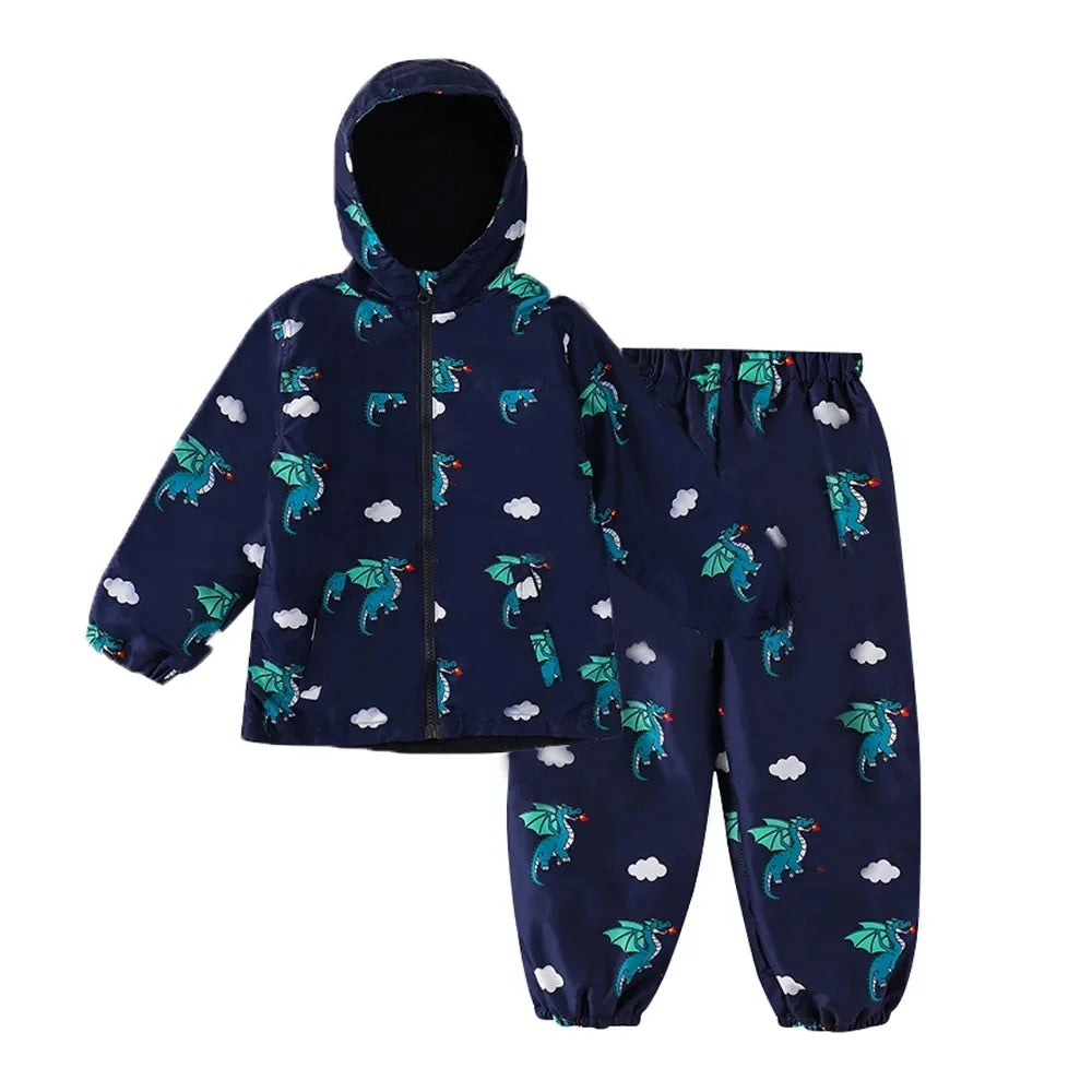 Conjunto infantil de chubasquero y pantalones impermeables con diseño de dinosaurio y unicornio