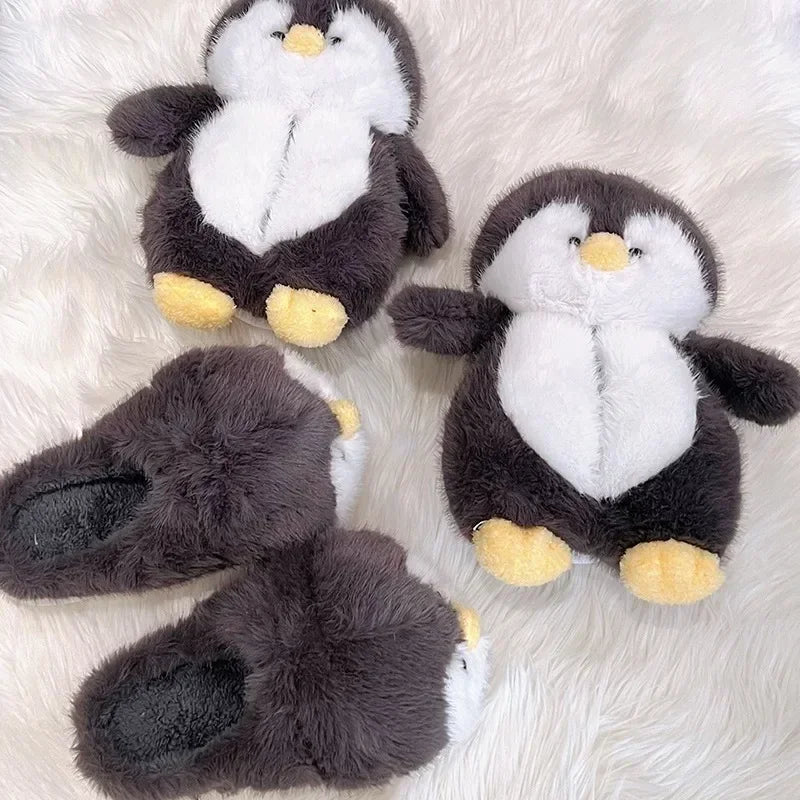 Cute Cartoon Penguin Cotton Slippers | Warm Plush Indoor Shoes