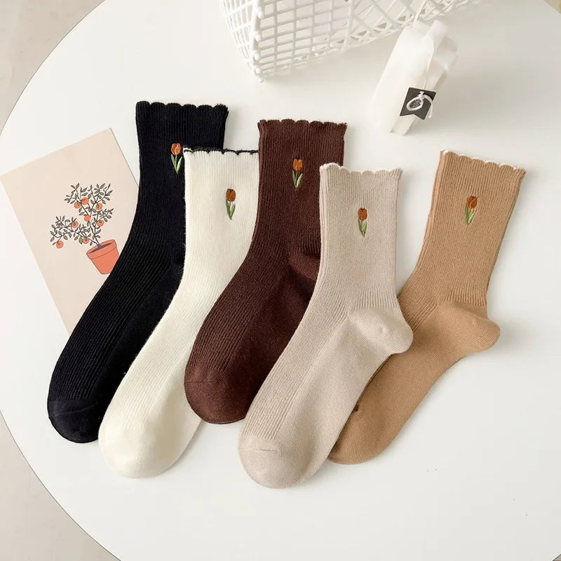 Women's Autumn Floral Embroidery Crew Socks | Cute Kawaii Style