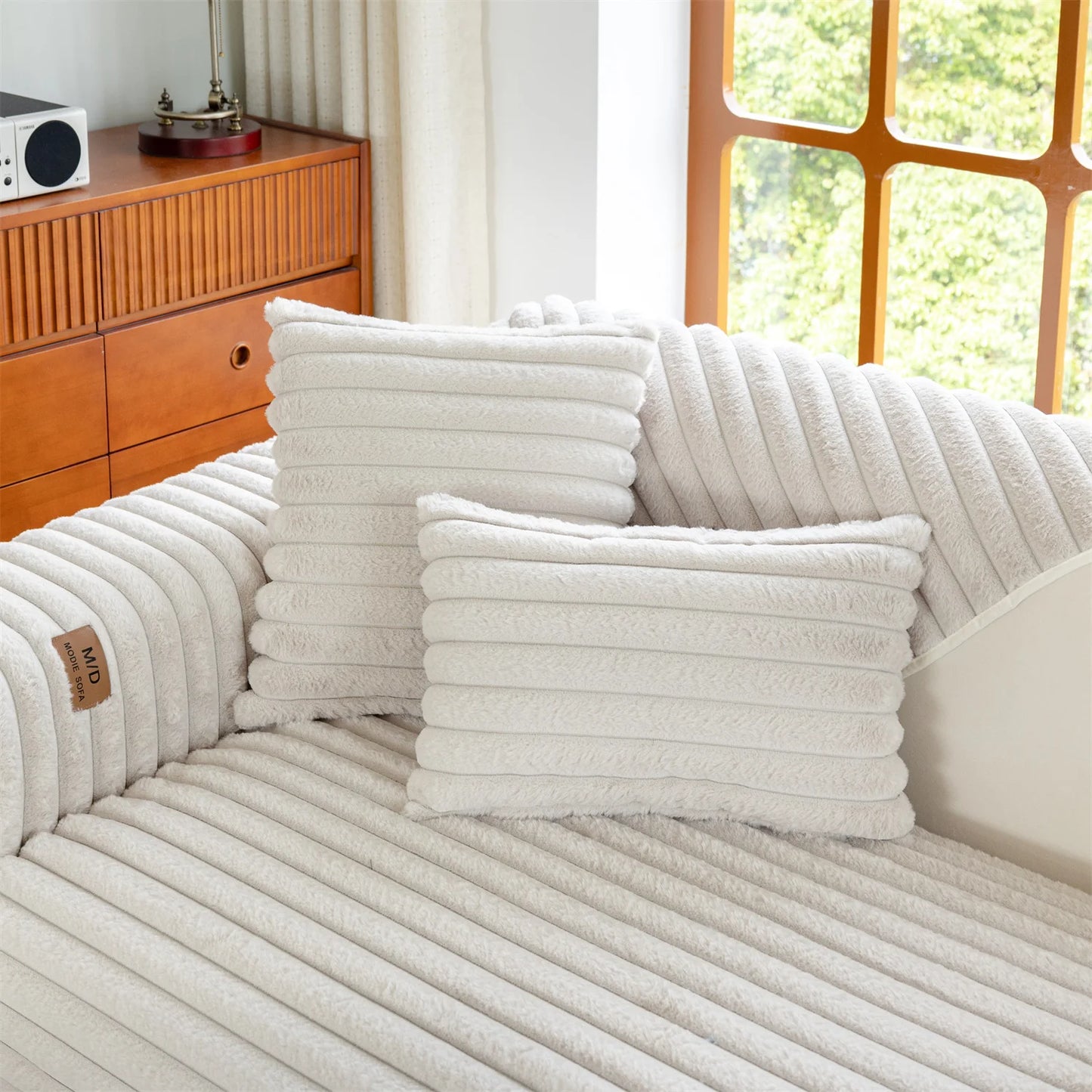 Stripe Imitation Rabbit Fur Plush Sofa Cover | Non-Slip Couch Slipcover