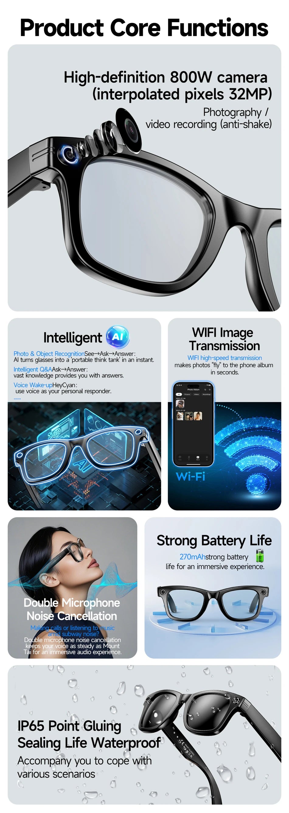 AI Smart Glasses with 8MP Camera & Bluetooth Features