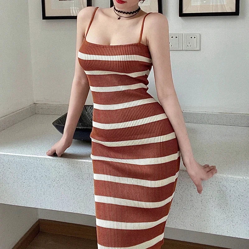 Summer Sexy Knitting Sleeveless Dress | Vintage Striped Bodycon Midi