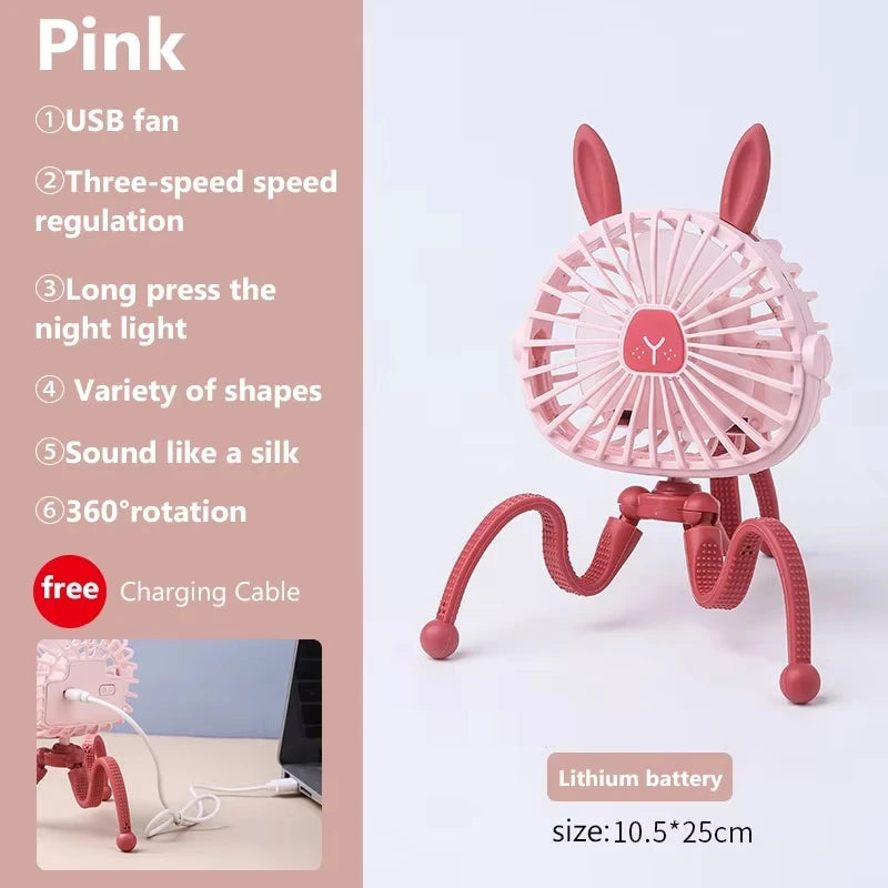 Mini Portable Bunny Stroller Fan | Rechargeable & 360° Rotate