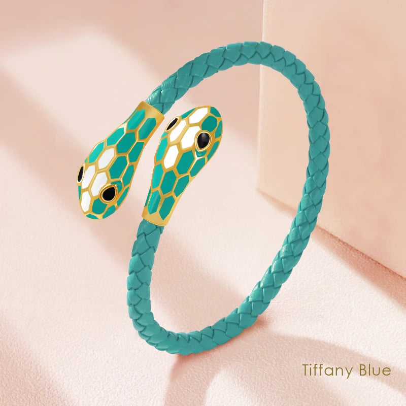 MOONLIGHT Classic Style Double Snake Head Cuff Bangles for Women Genuine Braided Leather Bracelets Female Fashion Jewelry Gifts