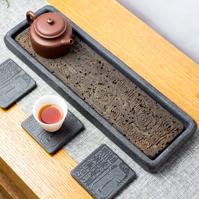 Bandeja de té con tótem de dragón tallado a mano | Elegante decoración volcánica negra