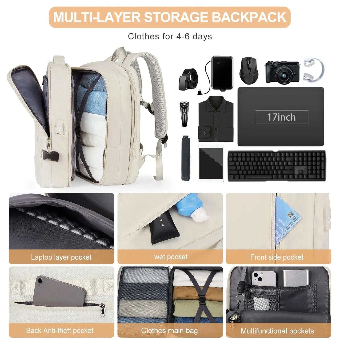 Expandable Women's Travel Backpack | Waterproof Hiking Laptop Bag