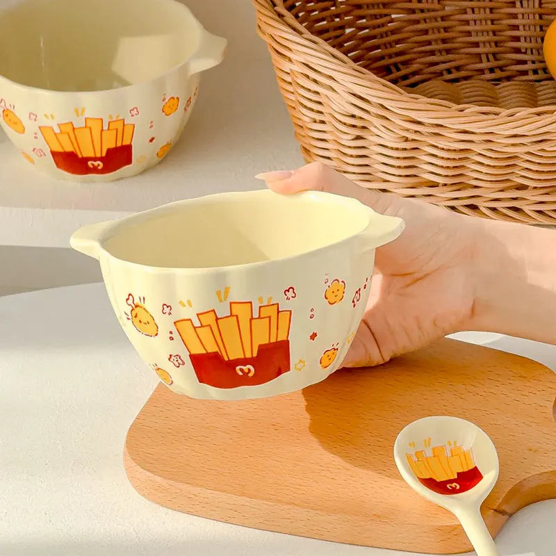 Cute French Fries Ceramic Bowl & Spoon Set | Perfect for Any Meal