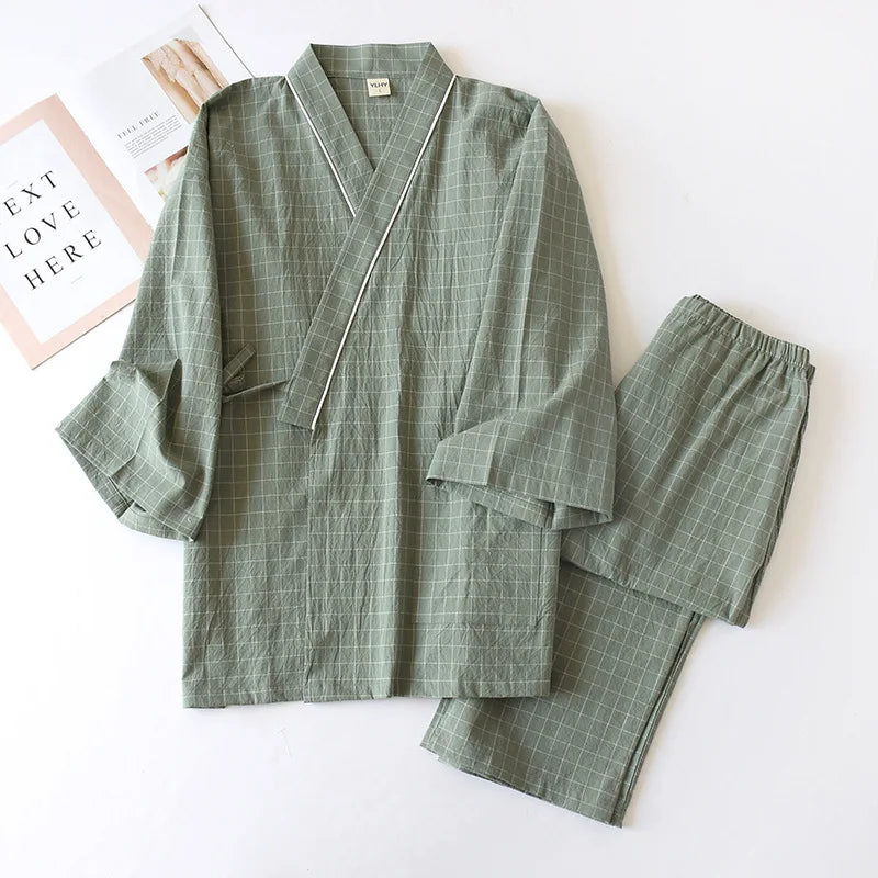 Spring Summer Japanese Pajama Sets Male 100% Cotton Spa Robe Sets Boxer High Quality Kimono Robes Men Plaid Home Hombre