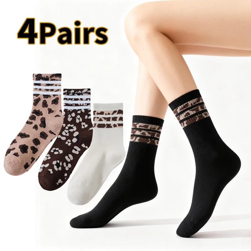4 pares de calcetines deportivos de algodón con estampado de leopardo para mujer | Modernos y cómodos