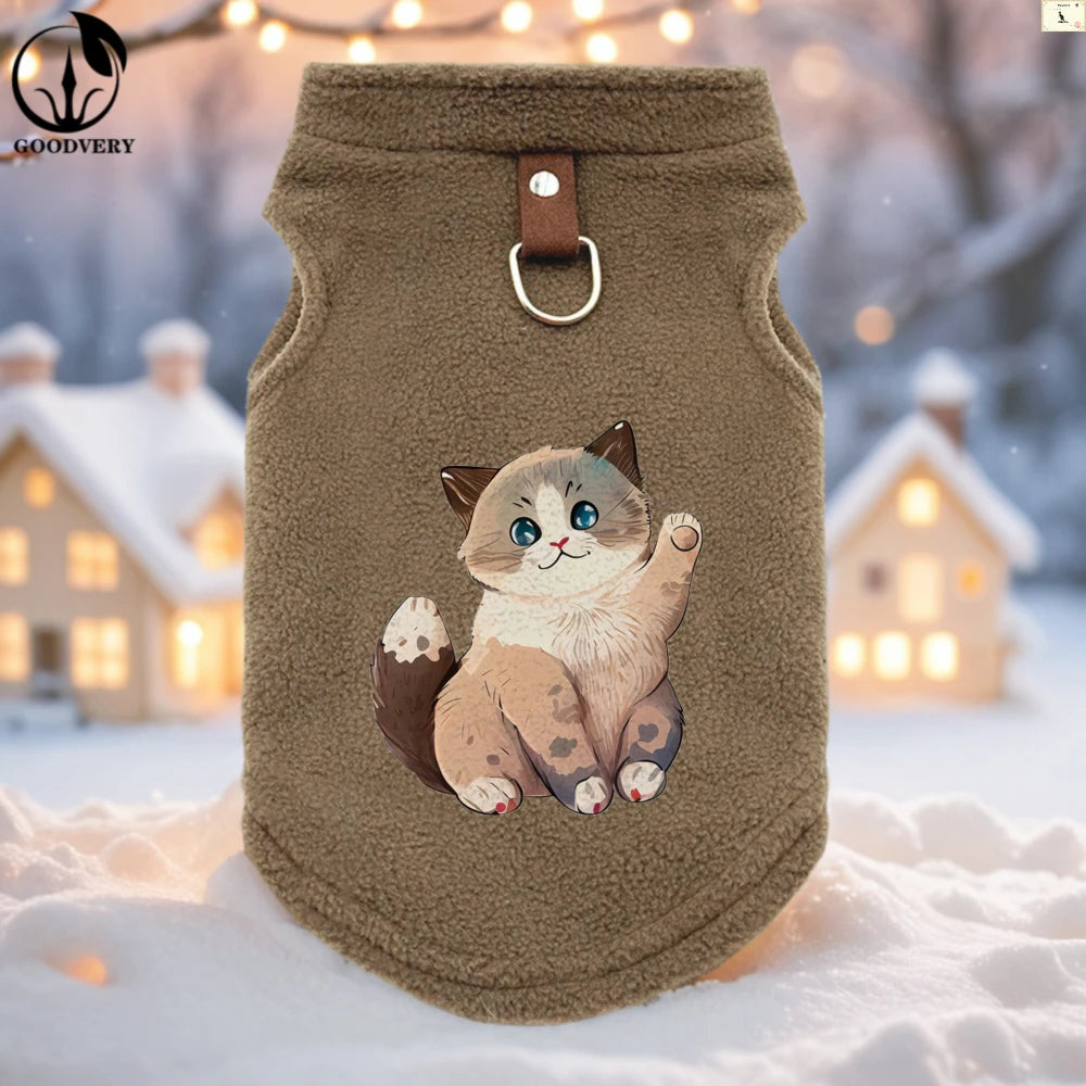 Suéter polar de invierno con estampado de gatos lindos para mascotas pequeñas