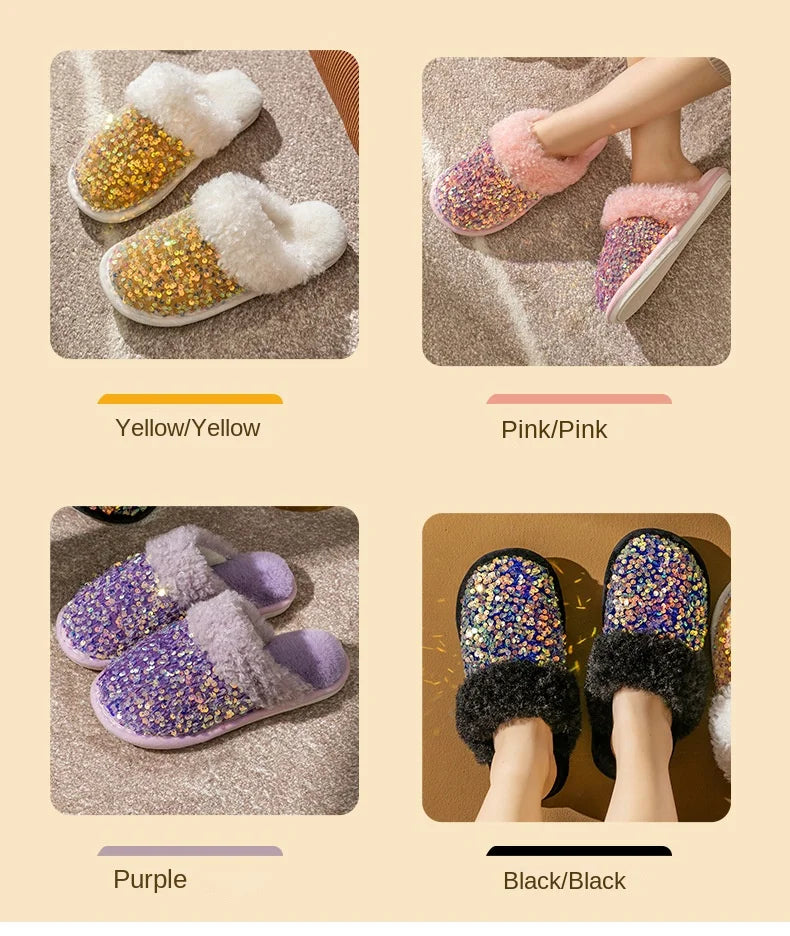Kawaii Sequin Giraffe Plush Slippers | Cute Winter House Shoes