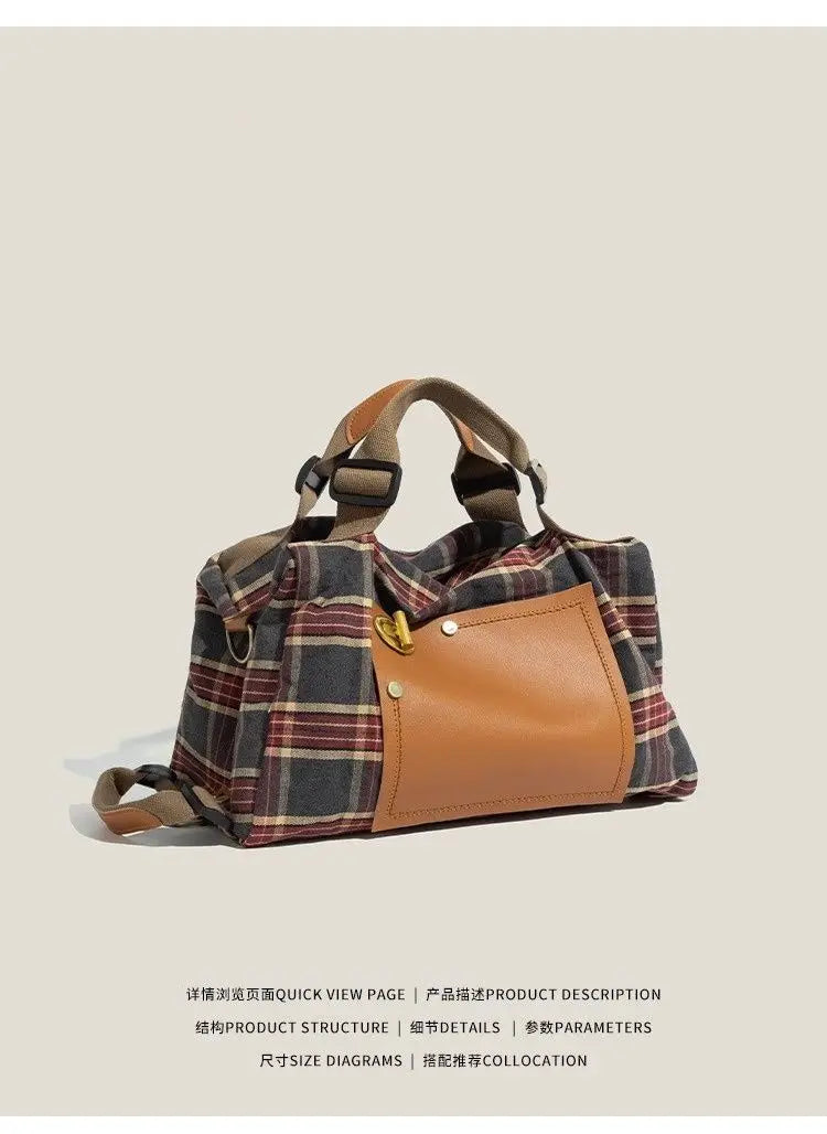 Large Capacity Burgundy Plaid Handbag | Convertible Shoulder Backpack