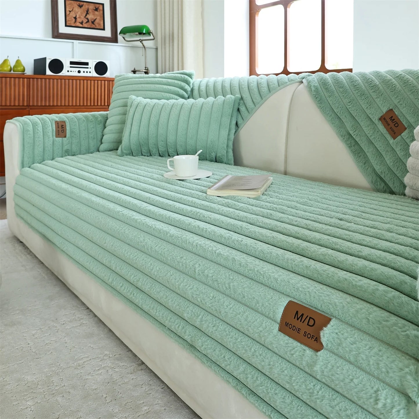 Stripe Imitation Rabbit Fur Plush Sofa Cover | Non-Slip Couch Slipcover