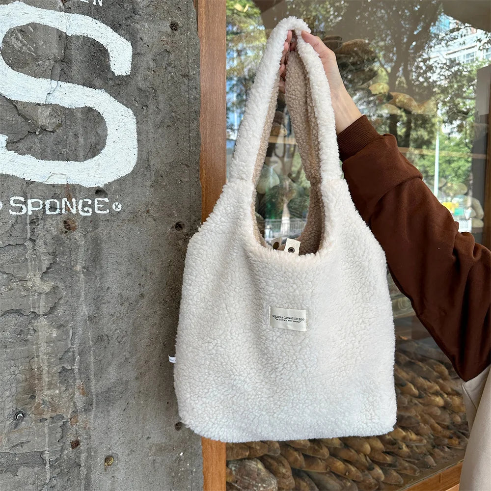 Reversible Plush Shoulder Bag for Women | Warm Fabric Tote