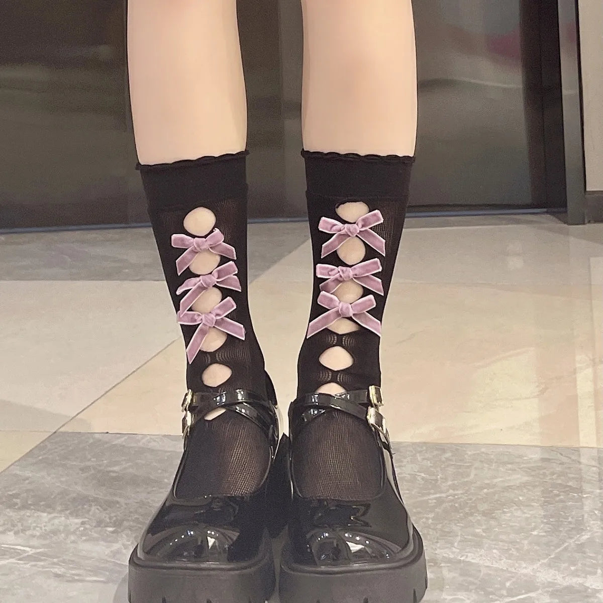 Kawaii Hollow Out Mesh Fishnet Socks | Cute Bow Long Stockings
