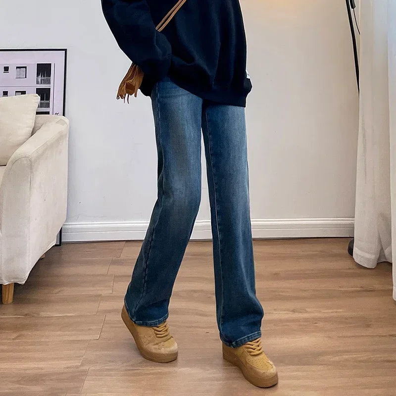 Women's Thickened Velvet Straight Jeans | Warm Fleece Pants