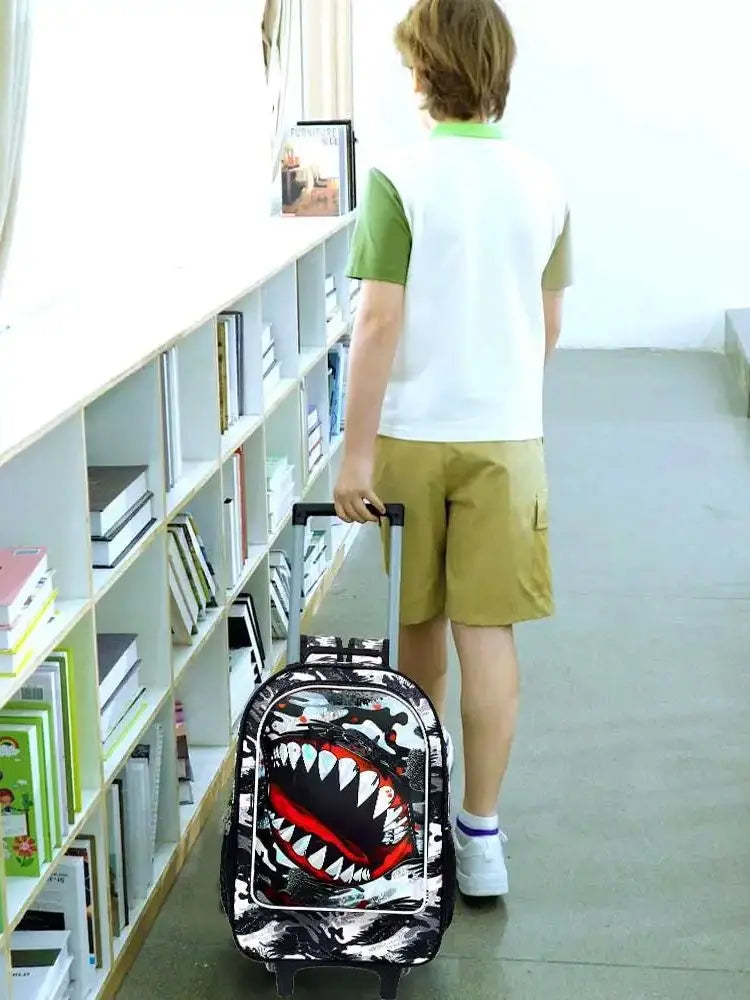 3PCS Shark Rolling Backpack for Boys | Kids Wheeled School Bag